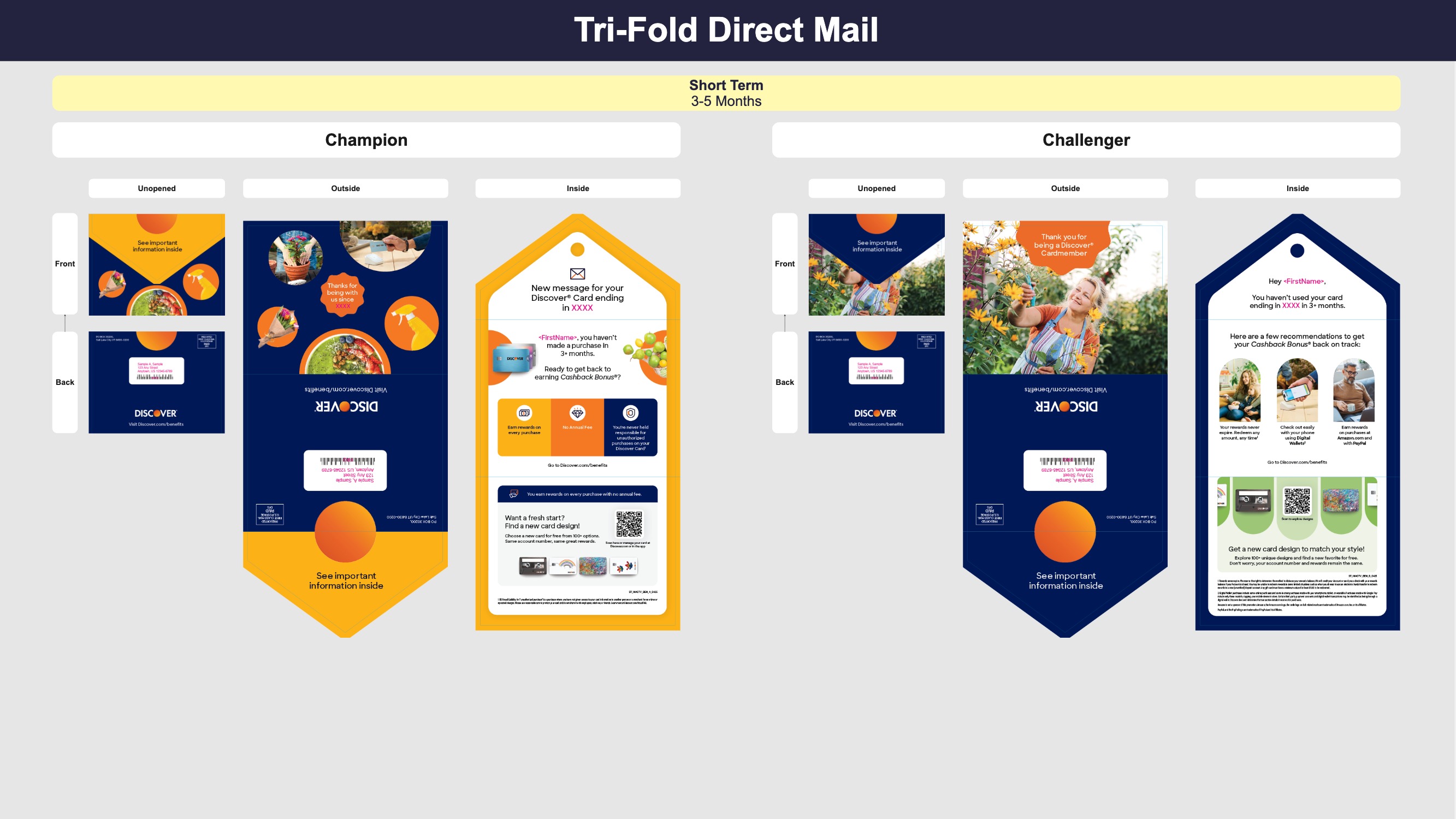 Printed tri-fold mailer designs for the short-term inactive cardmembers (3-5 months), with two different designs-the champion with the original creative designs, and the challenger with a new refreshed design
